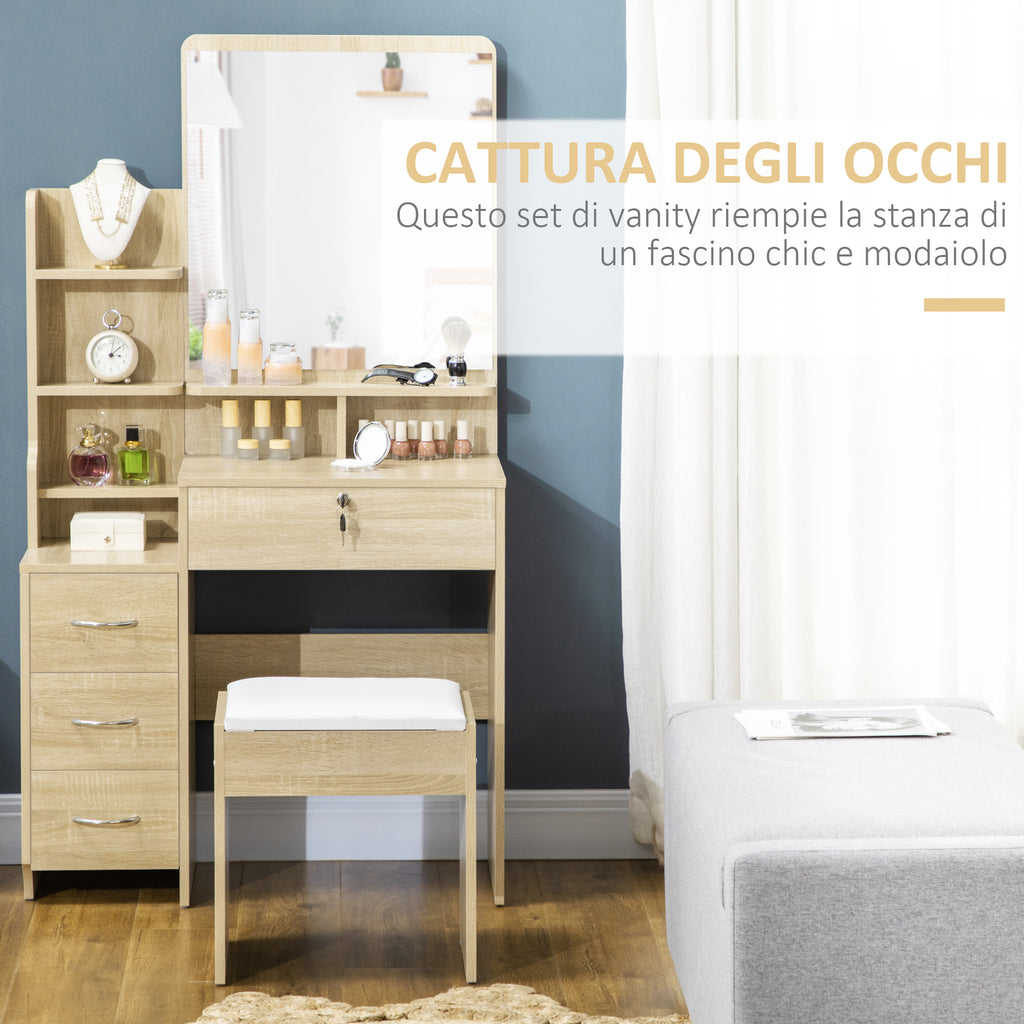 Dressing Table with Mirror, Dressing Table, Stool, 4 Drawers and 4 Shelves, Wood Color