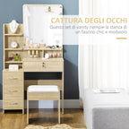 Dressing Table with Mirror, Dressing Table, Stool, 4 Drawers and 4 Shelves, Wood Color