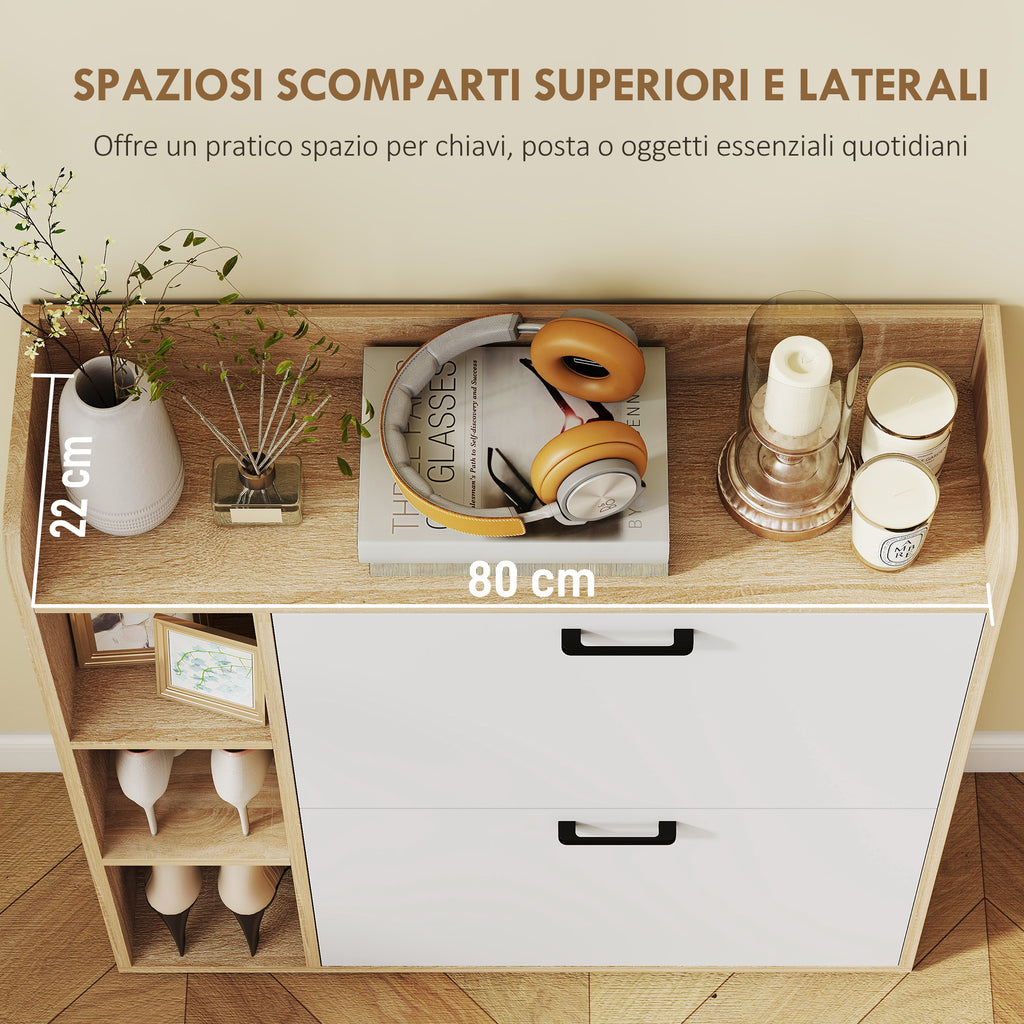 HOMCOM Slim Shoe Rack with 2 Tilting Drawers and 3 Open Compartments, Capacity 15 Shoes, 83x24x90.5 cm, Wood and White Color