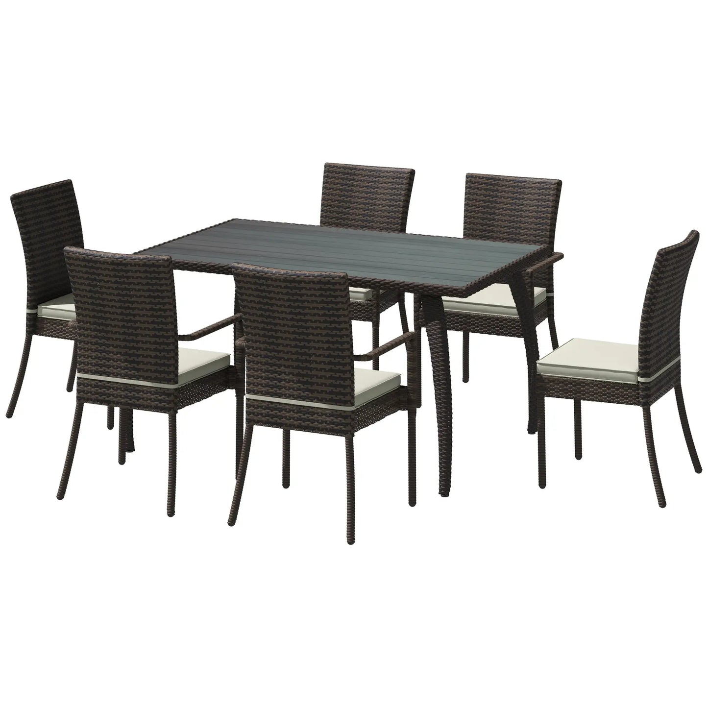 VALLE | 7 Piece Garden Dining Set Outdoor Table with 6 Chairs, PE Rattan and Steel Garden Furniture with Washable Cushions, Brown and Cream