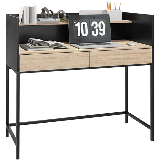 2 Drawer Desk with Top Shelf, Wood and Steel, 106x51.5x102.5 cm, Black and Oak Color