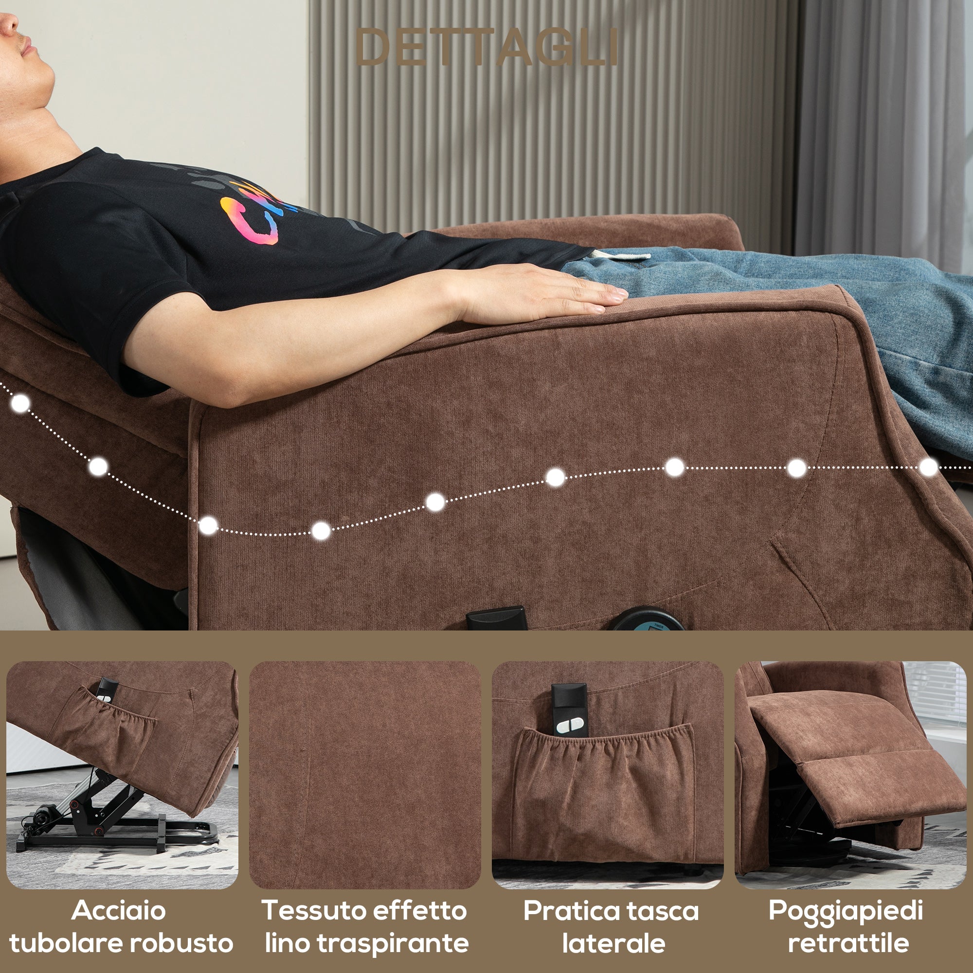 Lift Relax Chair with 8 Massage Points, 135° Reclining and 2 Remote Controls, Brown