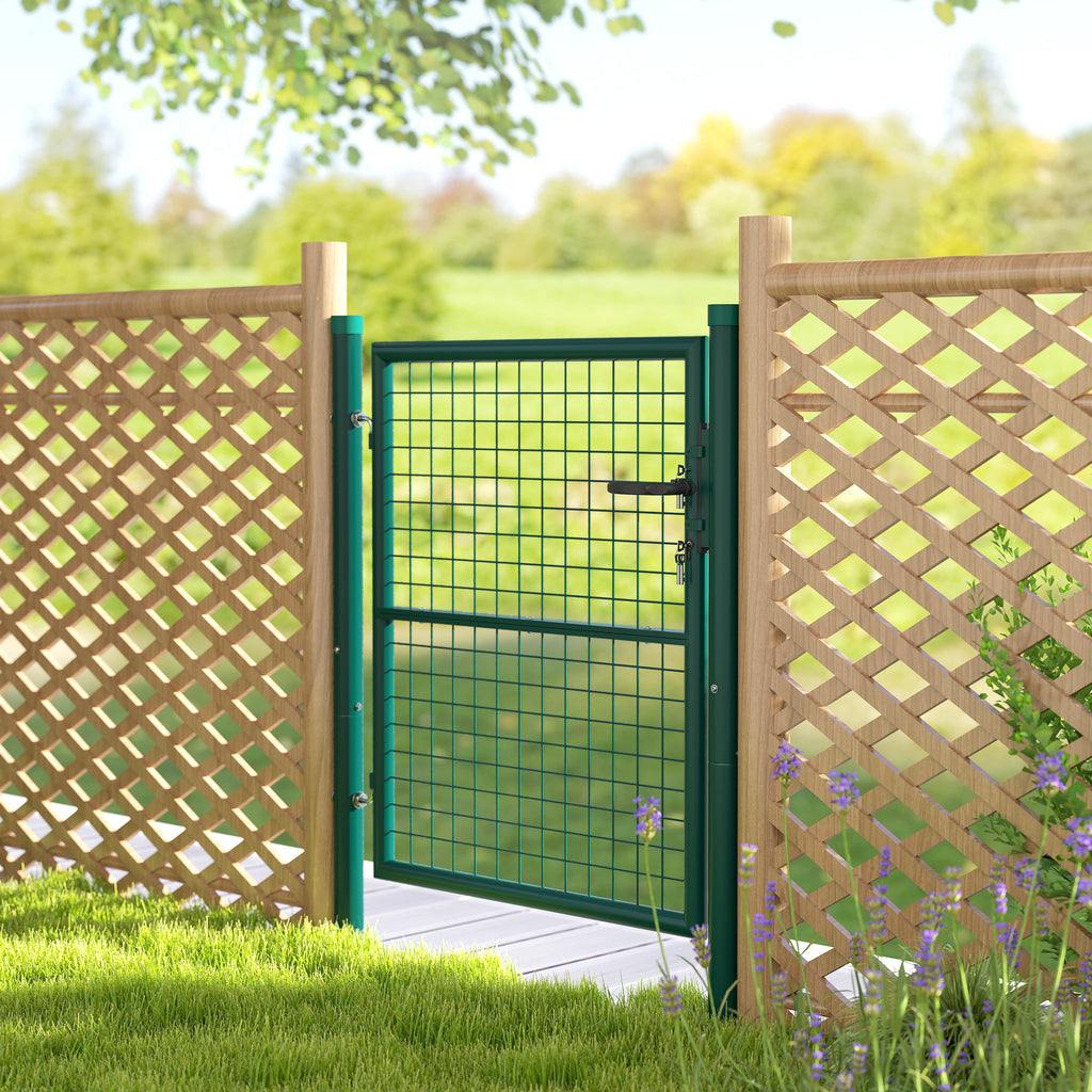 Outsunny Steel Garden Gate 97x150 cm, Garden Gate with Lock, 3 Keys, Handle and 2 Posts