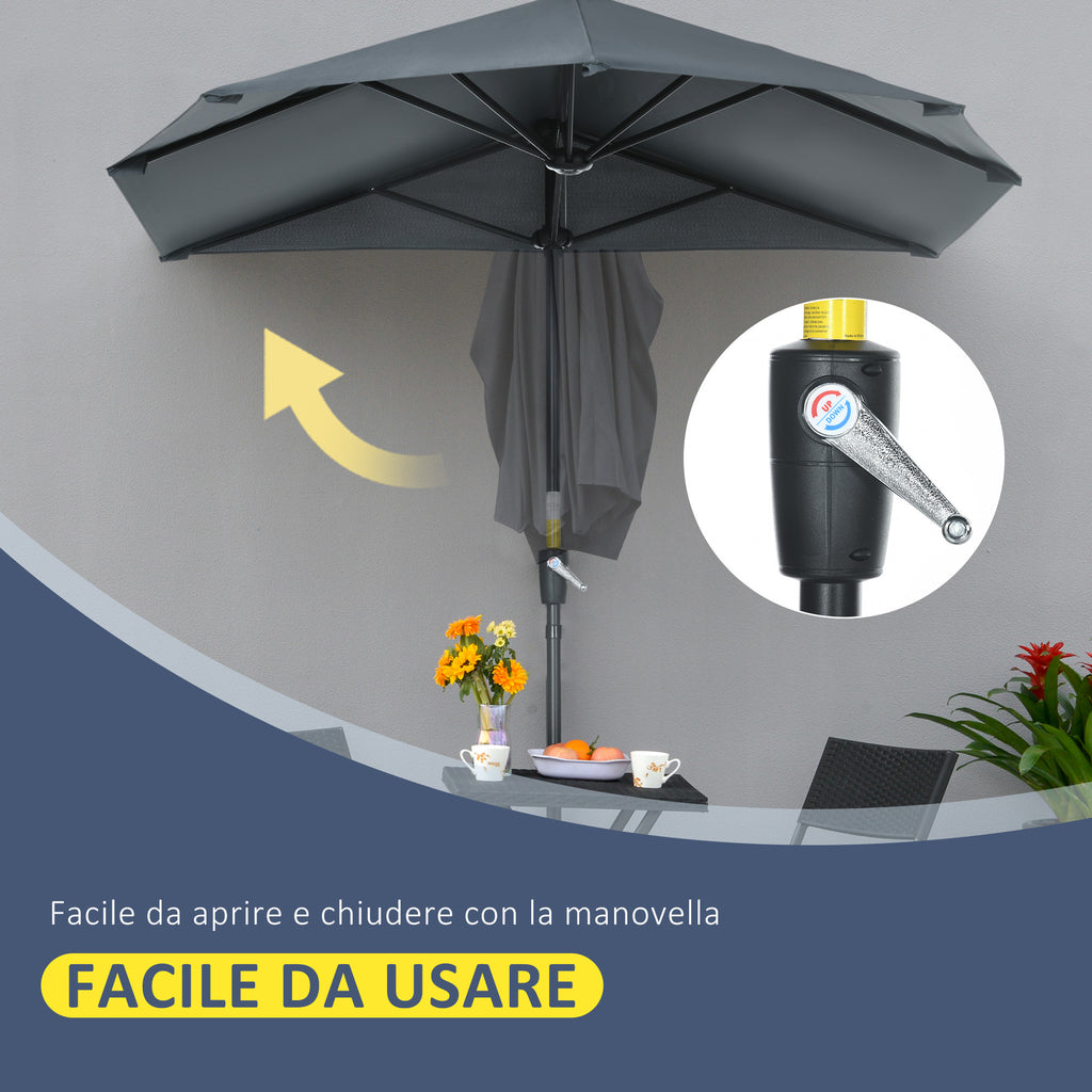 Semicircular Umbrella with Crank and Anti-UV Canopy, 200x190x240 cm, Gray