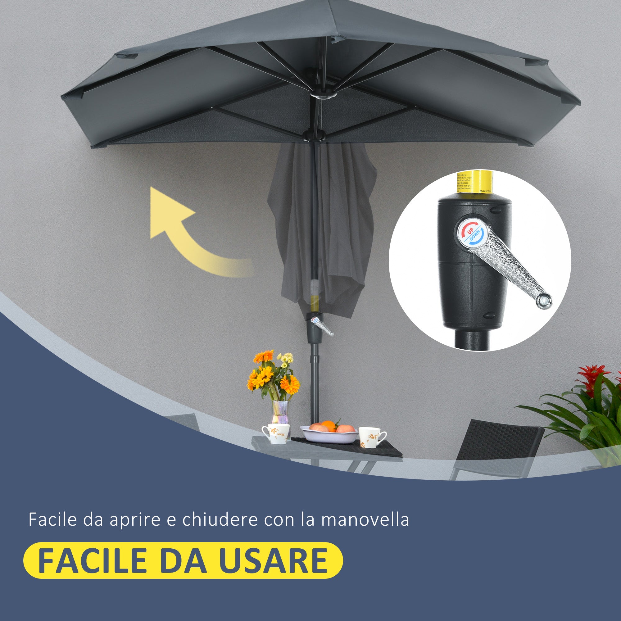Semicircular Umbrella with Crank and Anti-UV Canopy, 200x190x240 cm, Gray