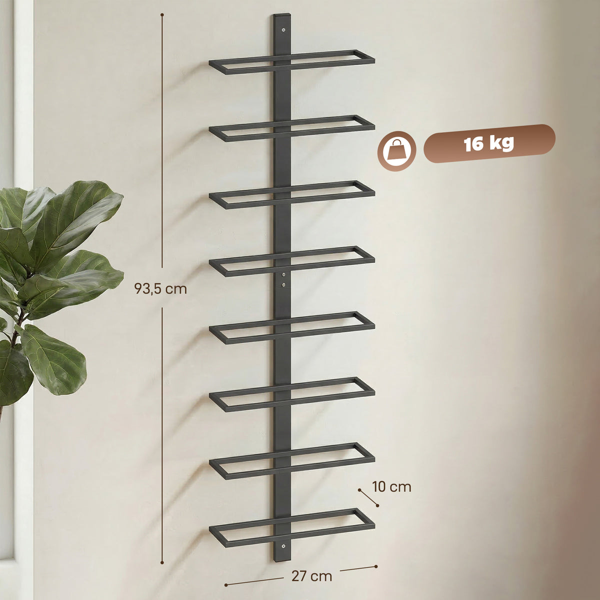 HOMCOM Wall-Mounted Steel Wine Rack for 8 Bottles, Kitchen and Living Room, 27 x 10 x 93.5 cm, Black
