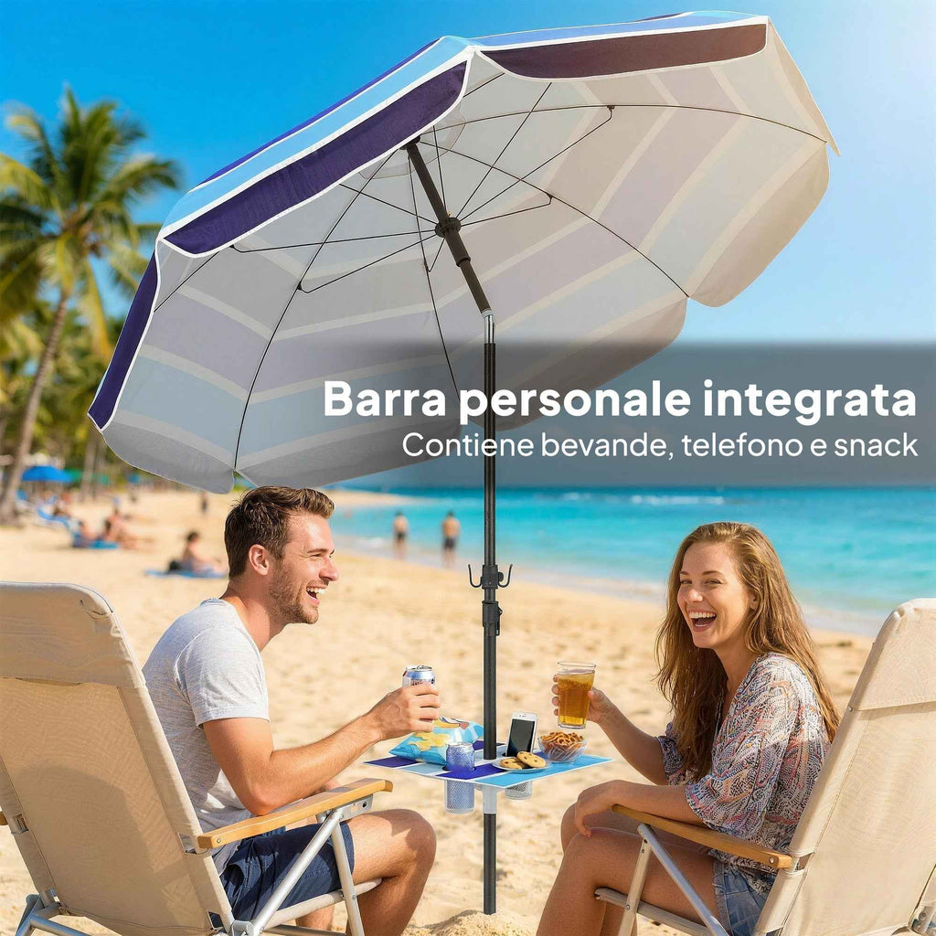Outsunny Beach Umbrella with Table and Cup Holder, Metal and Polyester, Ø198x214 cm, Multicolored