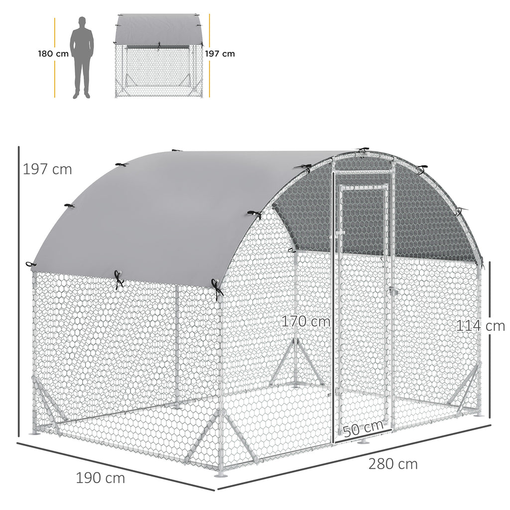 PawHut Galvanized Metal Chicken Run with Roof and UV Cover, 280x190x197 cm, Silver