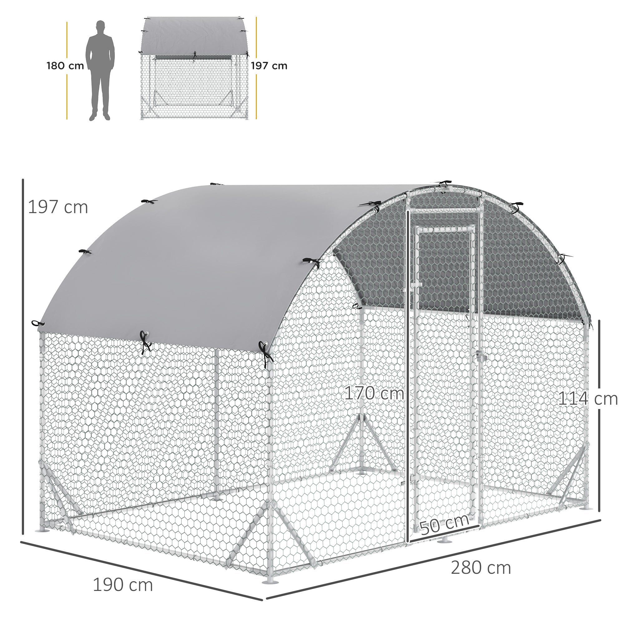 PawHut Galvanized Metal Chicken Run with Roof and UV Cover, 280x190x197 cm, Silver