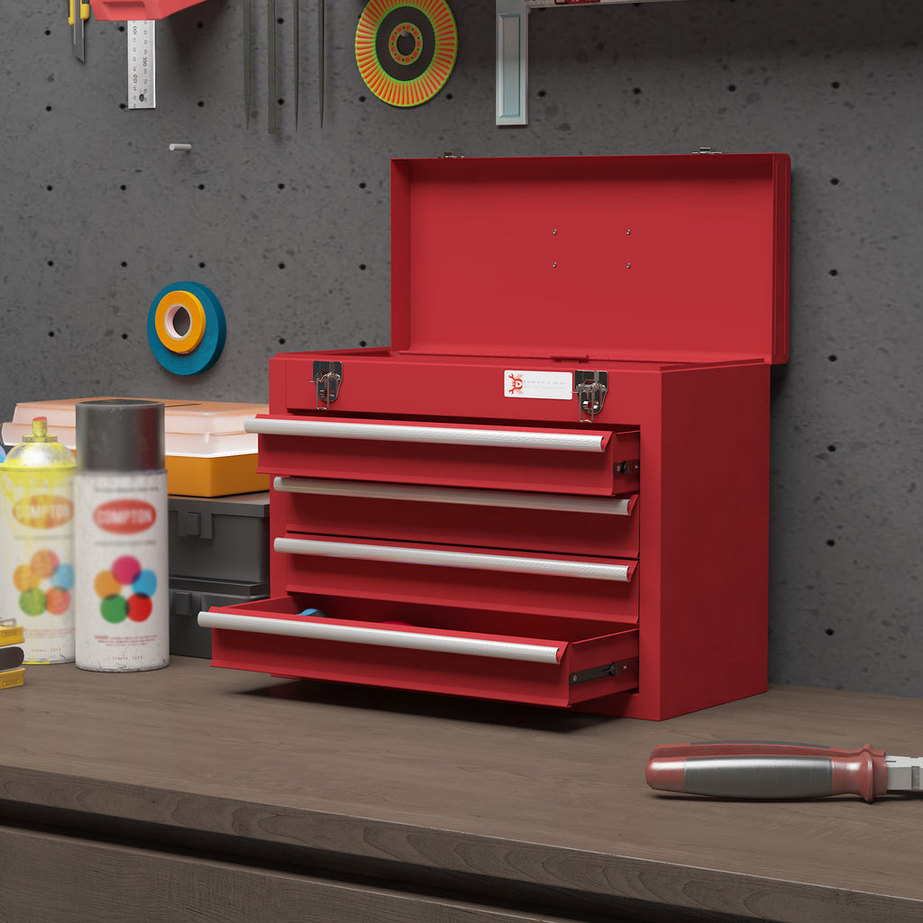 DURHAND Steel Tool Box with 4 Drawers, Double Locking Top Tray, 51x22x39.5 cm, Red