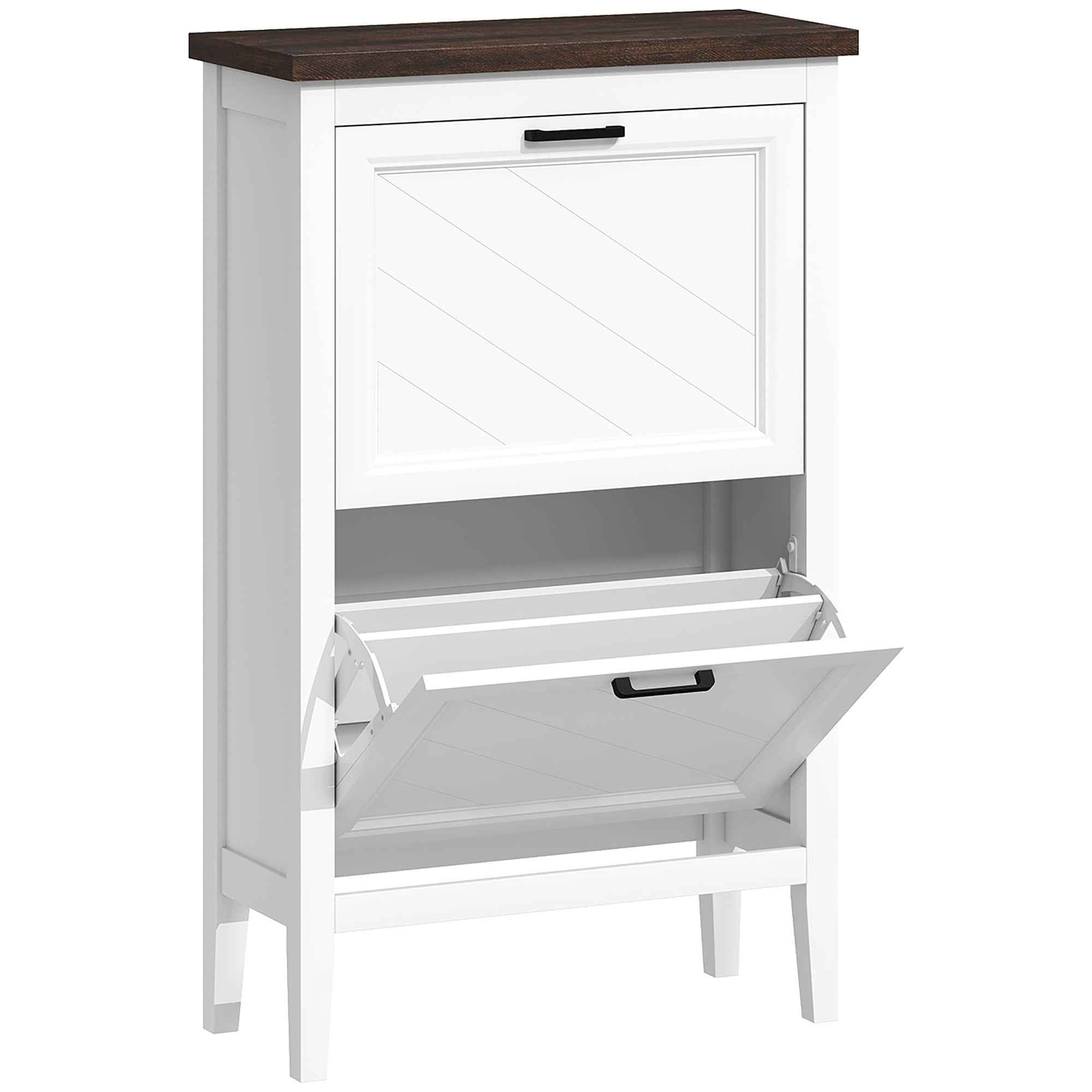 HOMCOM Country Shoe Rack with 2 Flap Drawers, Adjustable Shelves, White Design.