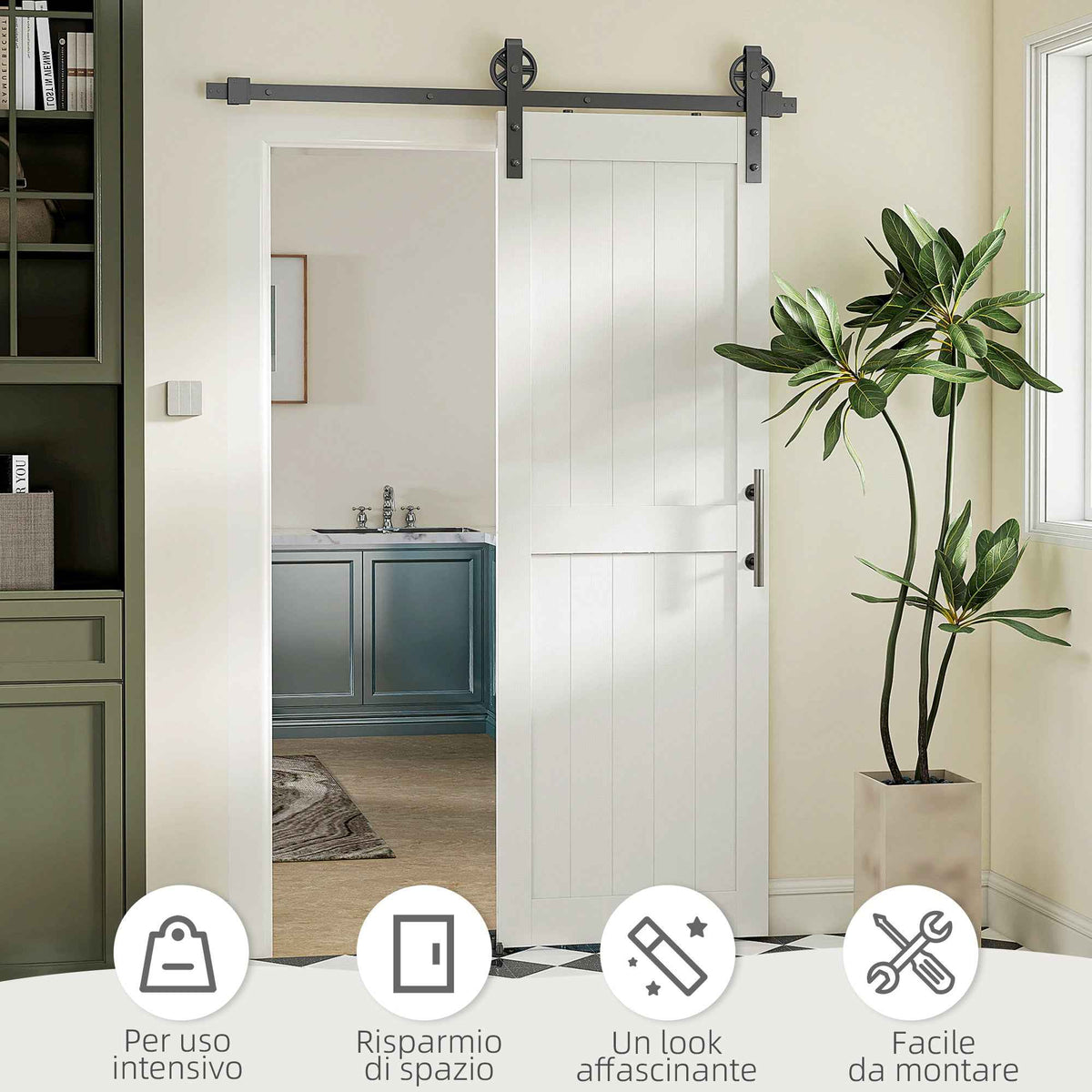 HOMCOM Country Style Sliding Door with Track and Handle in Wood and Steel, 71.5x213.4 cm, Black and White