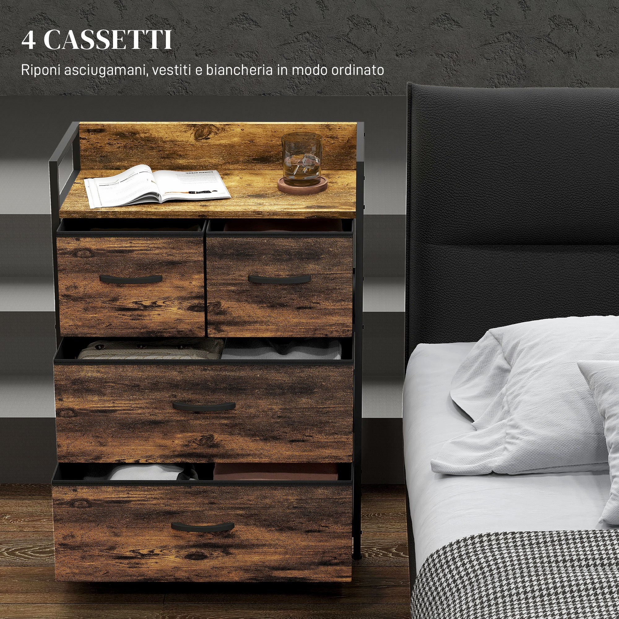 Chest of 4 Removable Drawers with Industrial Design in Wood and Steel, 60x29x85 cm, Brown and Black
