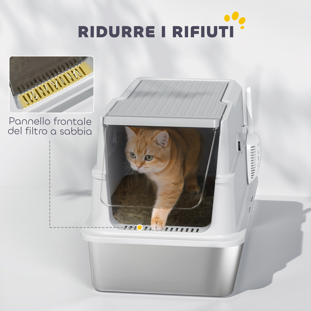 PawHut Stainless Steel Litter Box for Large Cats with Flip Lid, Scoop and Deodorizer, Light Grey