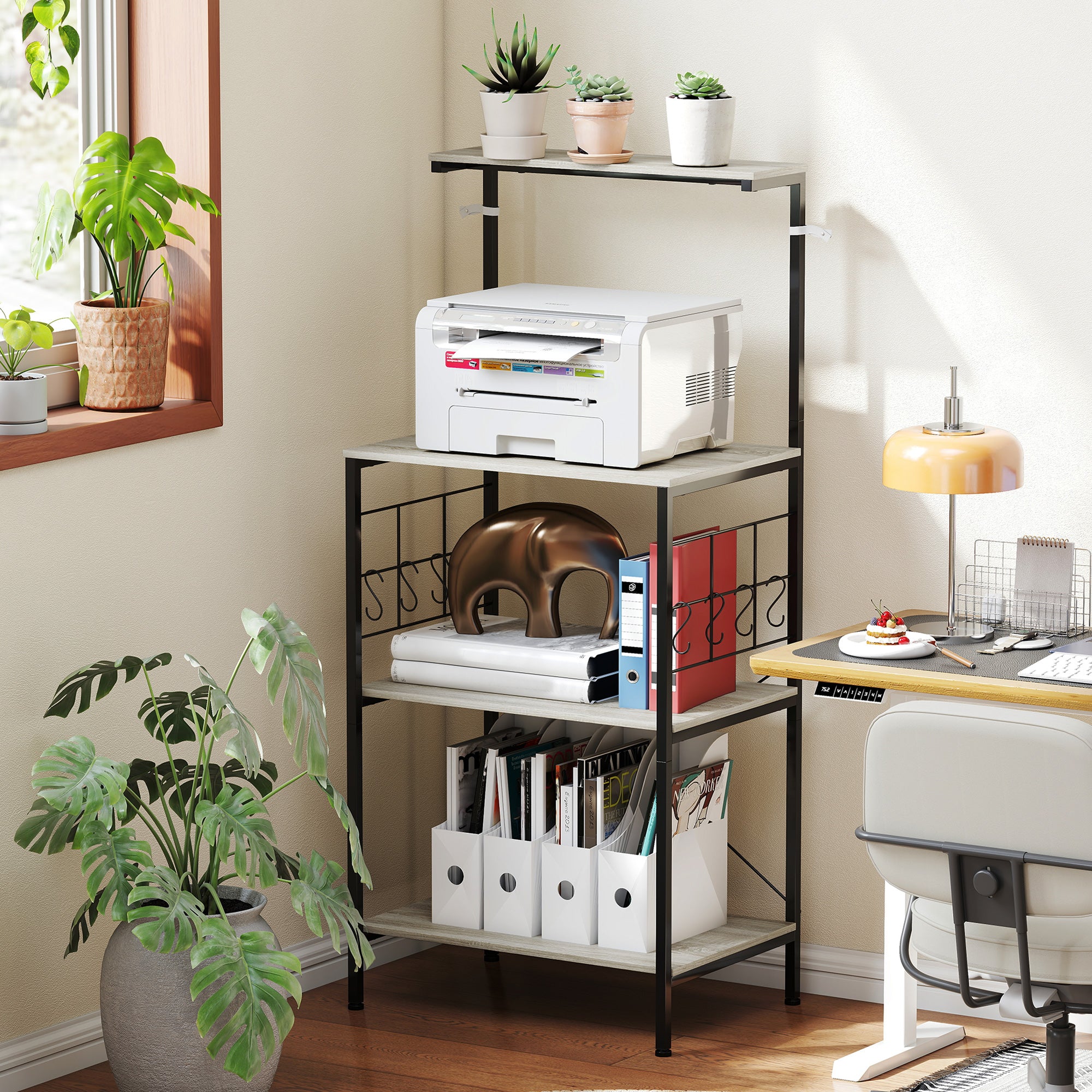 4-Tier Kitchen Shelf with Mesh Panels and 8 Hooks, Industrial Style, 60x42x134.5 cm, Oak