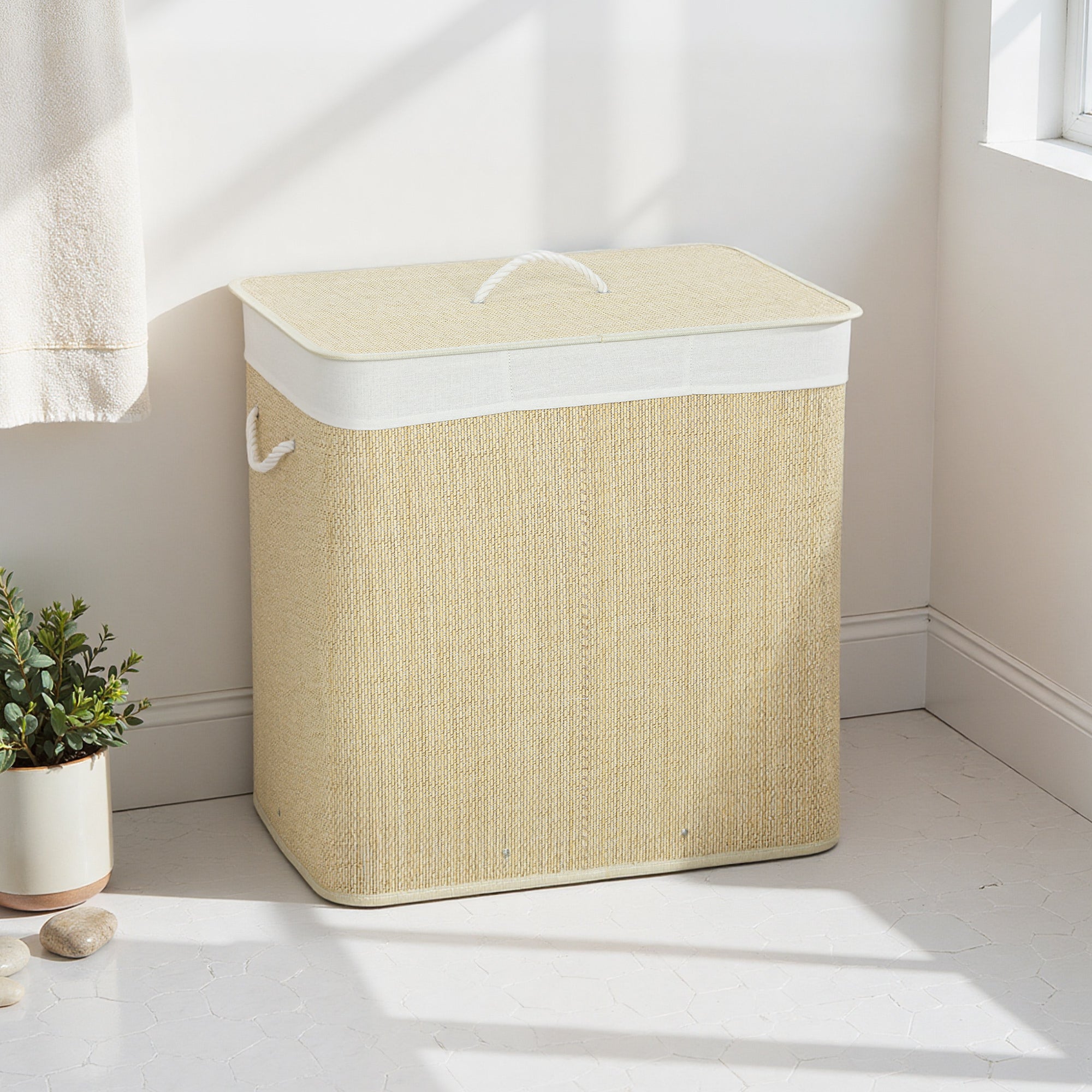 HOMCOM Bamboo Laundry Hamper with Lid, 144L, 3 Compartments, Removable and Washable Bag, Handles, Cream