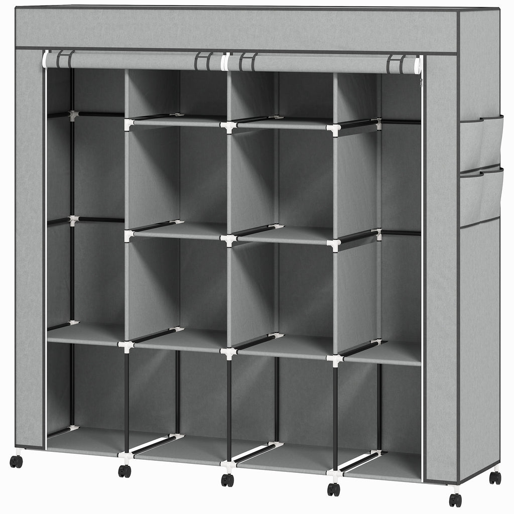 HOMCOM Portable Non-Woven Fabric and Steel Wardrobe with Wheels, 10 Compartments and 2 Hanging Rails, Dark Grey