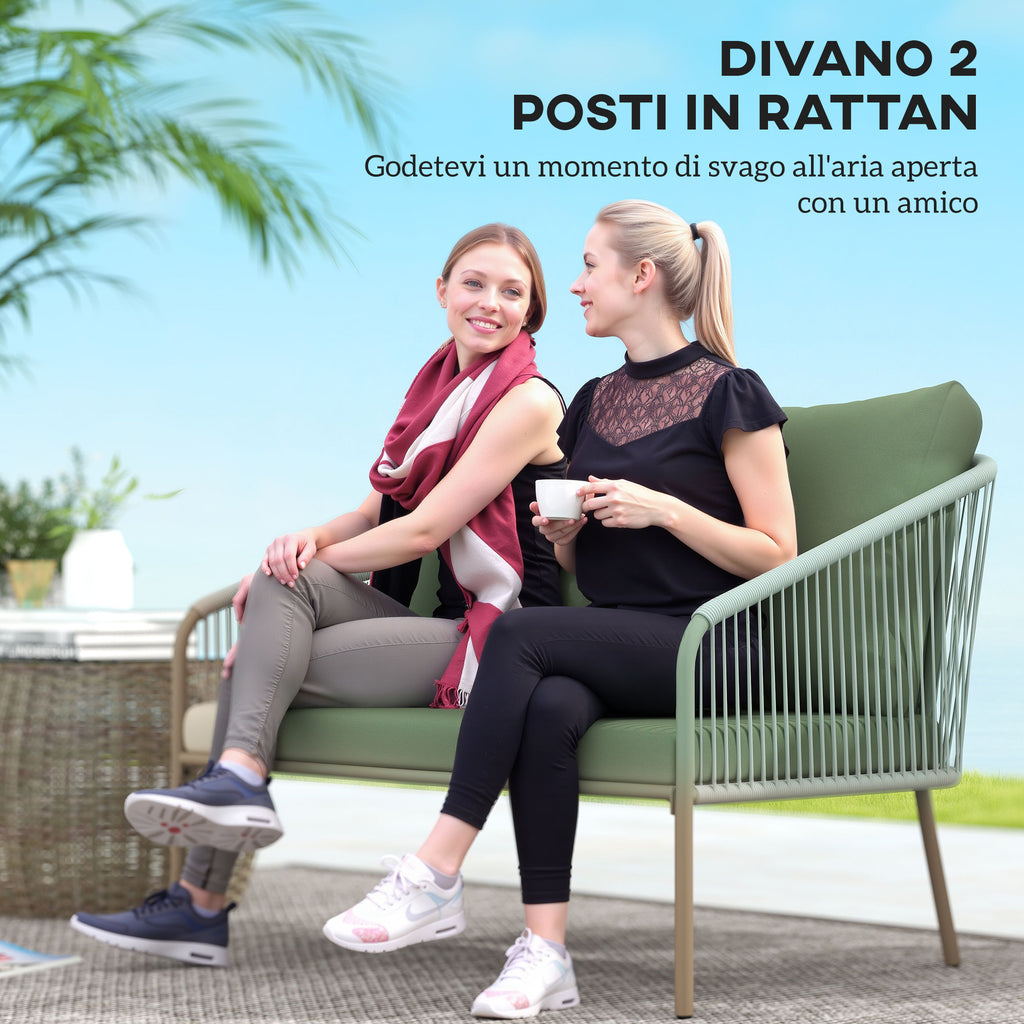 2 Seater PE Rattan Garden Sofa Boho Style with Removable Cushions and Armrests, Green