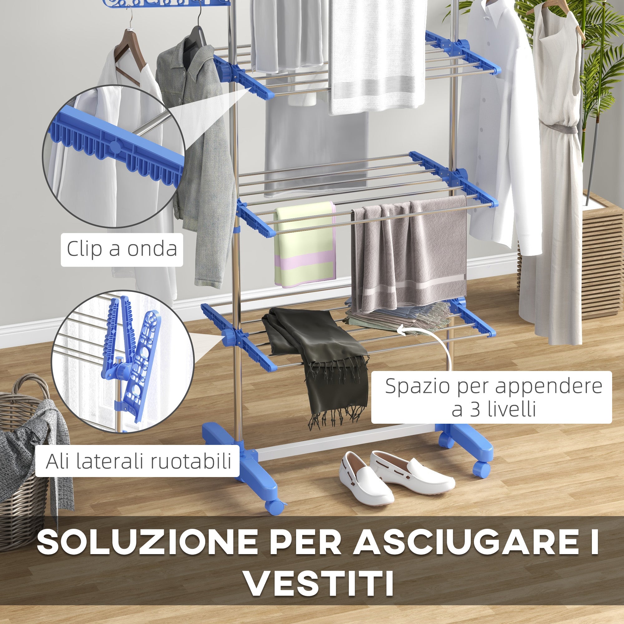 Vertical Drying Rack with 3 Adjustable Shelves, in Steel and Plastic, 142x55x152 cm, Blue and Silver