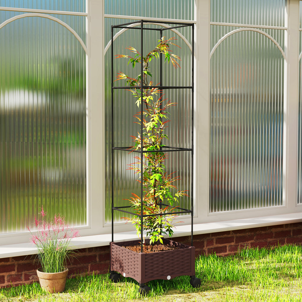 Outsunny 20L Raised Trellis Planter with Lockable Wheels and Self-Watering System, Brown