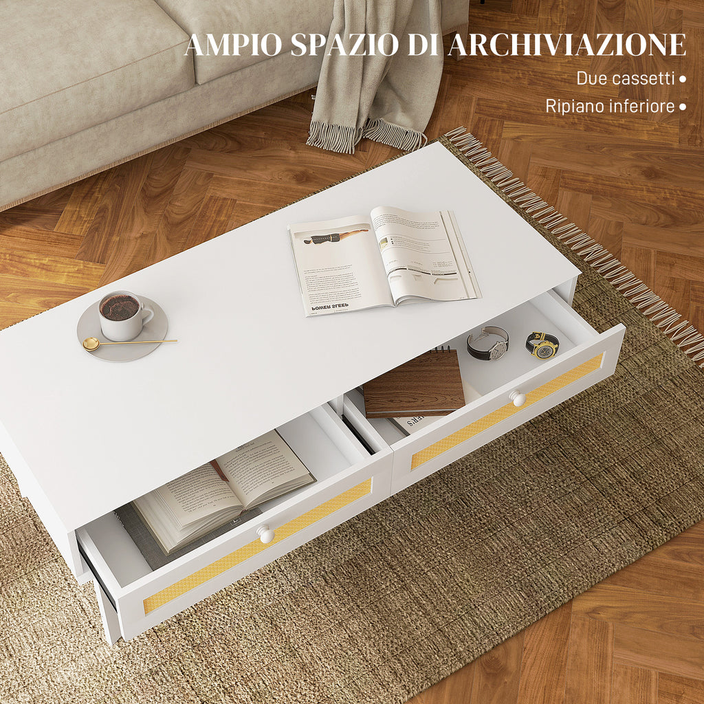 Boho Coffee Table with 2 Drawers and Shelf, Rattan and Chipboard, 120x50x50 cm, White and Wood Color - Borgè