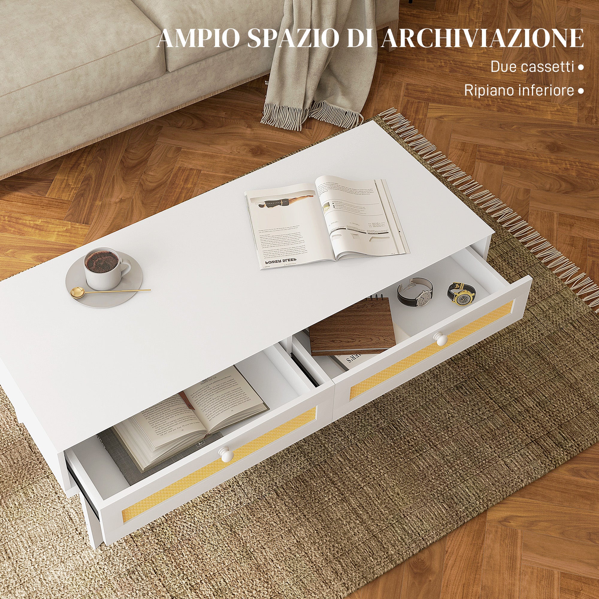 Boho Coffee Table with 2 Drawers and Shelf, Rattan and Chipboard, 120x50x50 cm, White and Wood Color - Borgè