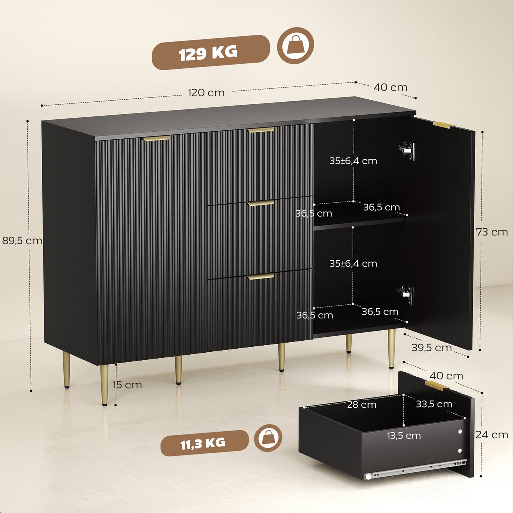 HOMCOM Modern Sideboard with 3 Drawers, 2 Cabinets and Adjustable Shelves, Wood and Metal, Black