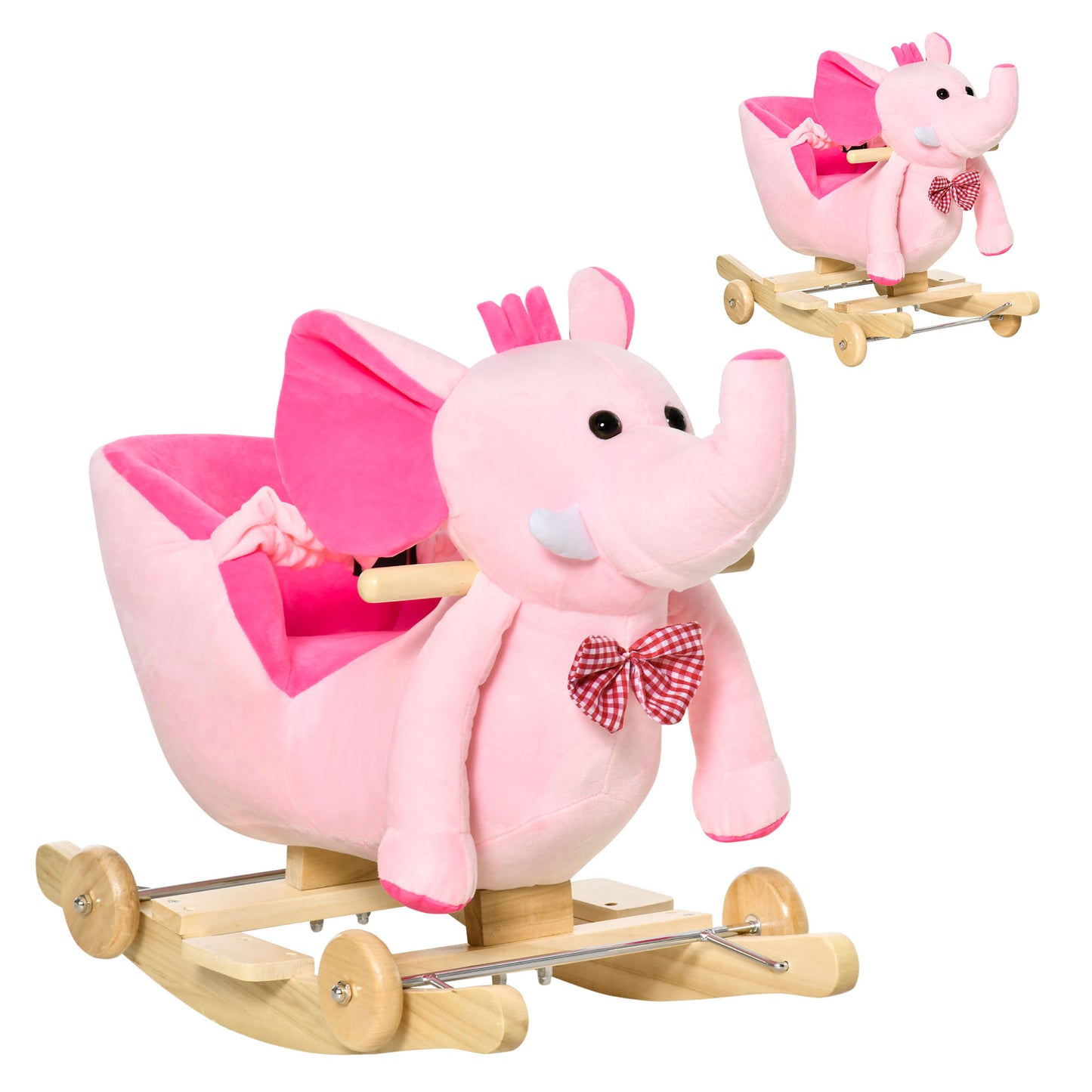 Elephant-shaped Rocking Animal with Wheels and Belt, Plush, Wood and Steel, 60x35x45 cm, Pink