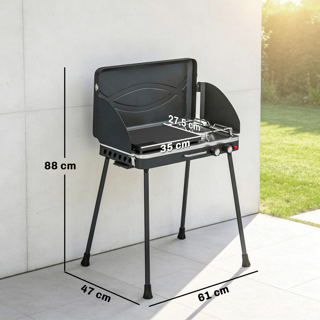 Outsunny 2-in-1 Portable Propane Gas BBQ with Grill and Stove, 7KW, Black
