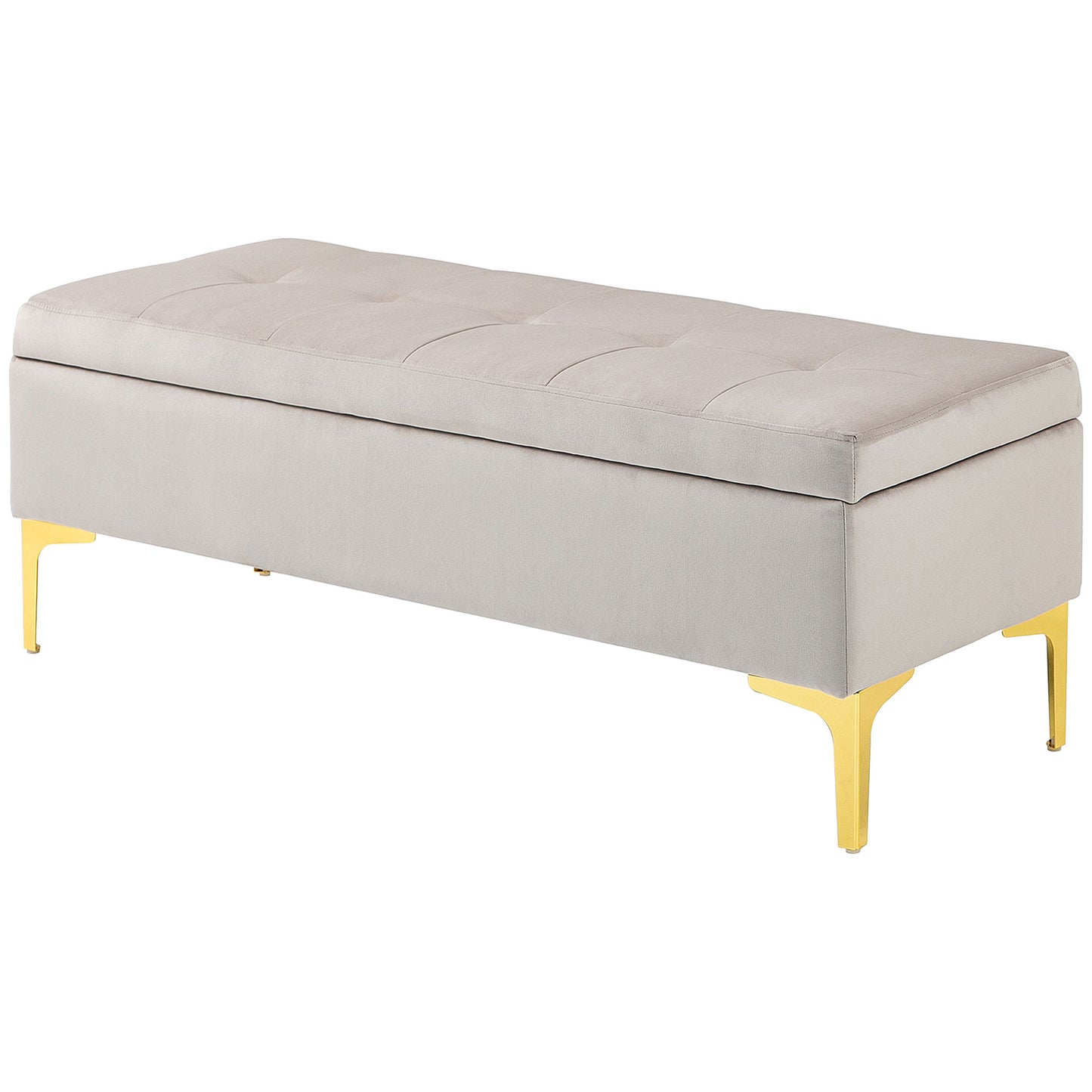 Ottoman Storage Bench with Velvety Fabric and Golden Legs, 120x44x44.5cm, Light Grey - Borgè