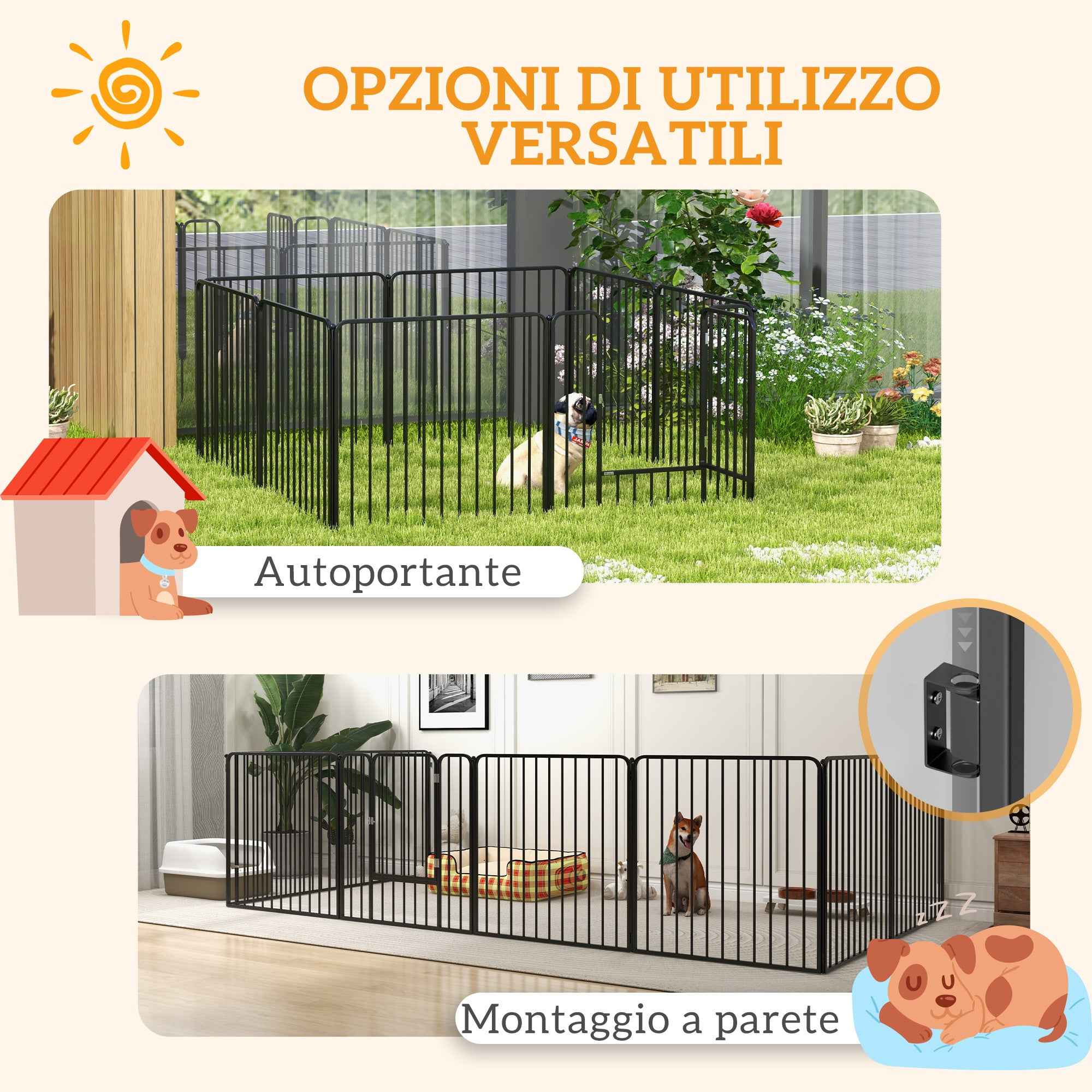 PawHut 8-Panel Modular Indoor/Outdoor Dog Kennel with 9 Pegs, Steel, 164x164x80 cm, Black