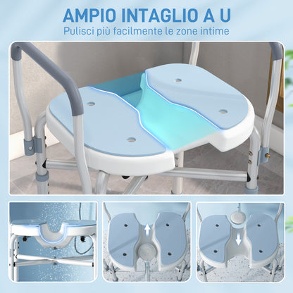 Shower Stool with Grooved Seat and Armrests, Adjustable Height and Non-Slip Feet, Blue