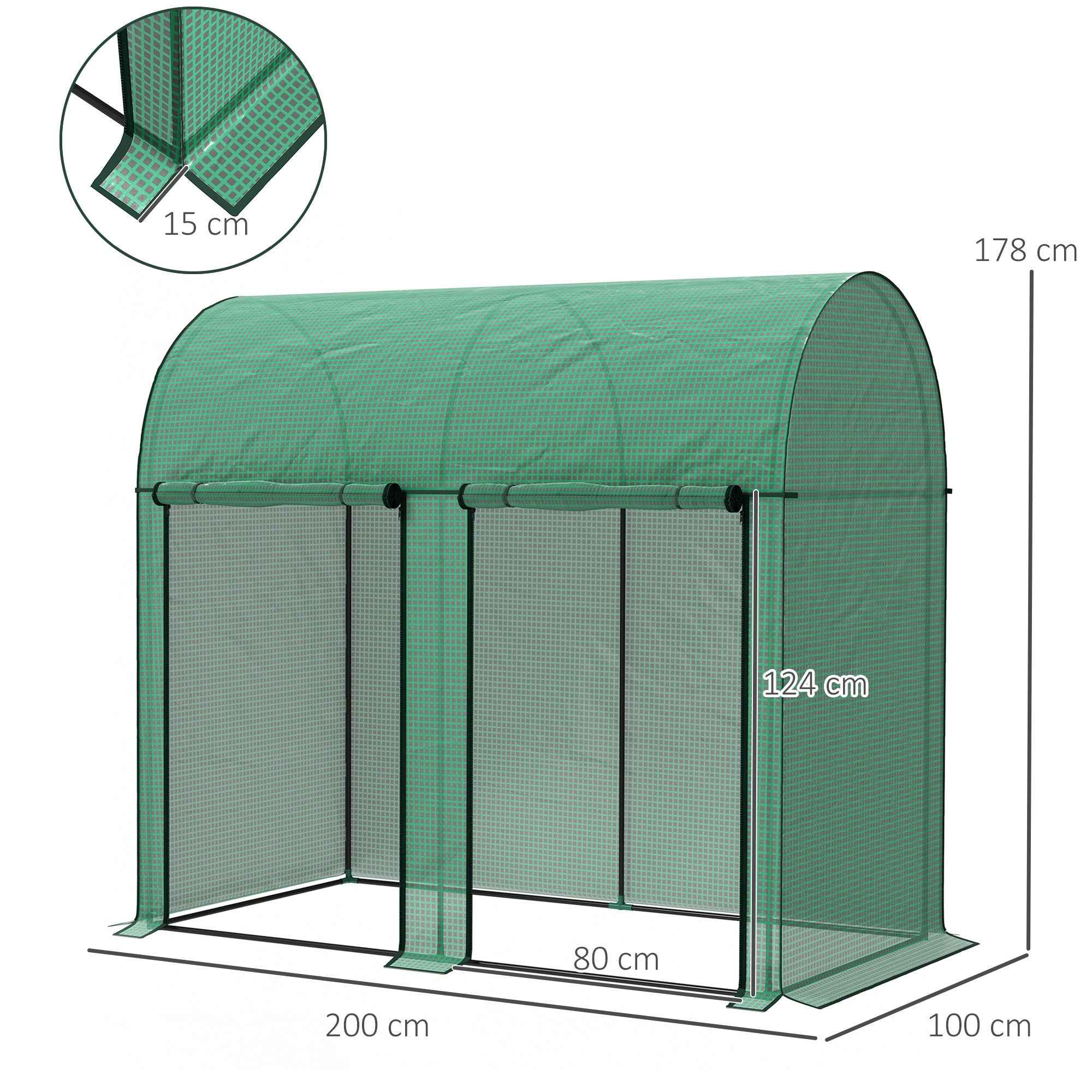 Outsunny 2m² Garden Greenhouse, 2 Roll-Up Doors, 140g/m² Anti-UV PE Cover, 2x1x1.78m, Green