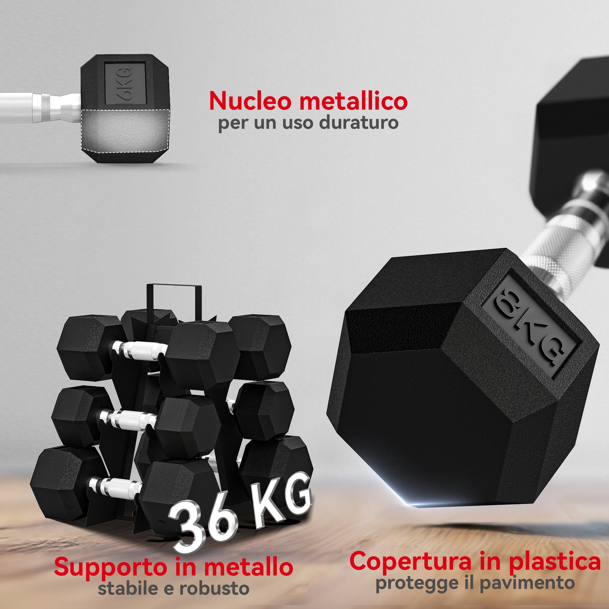 SPORTNOW Gym Dumbbell Set with Metal Stand and Non-Slip Grip, 2x4kg, 2x6kg, 2x8kg, Black