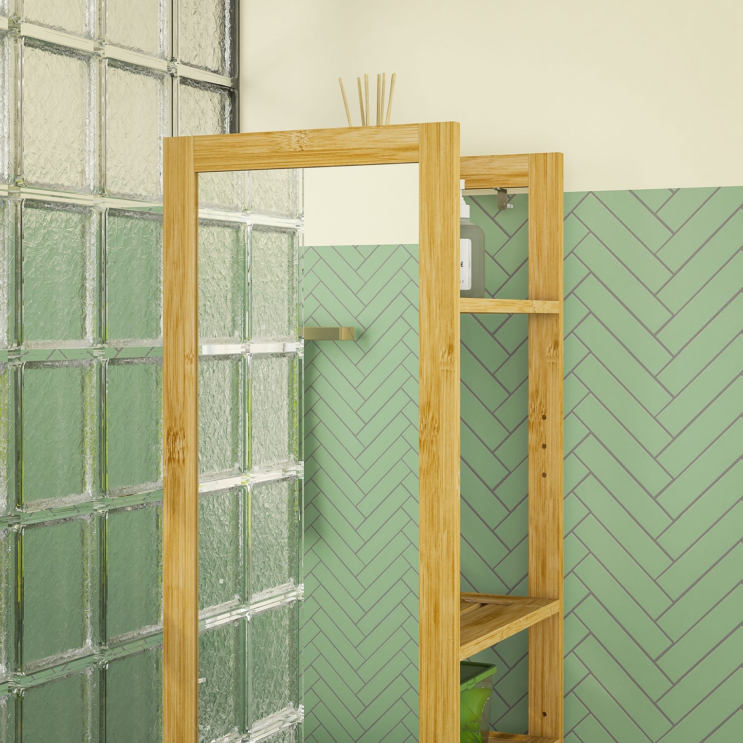 Bathroom Shelf with Mirror and 6 Bamboo Slatted Shelves, 35x35x168cm, Wood Color