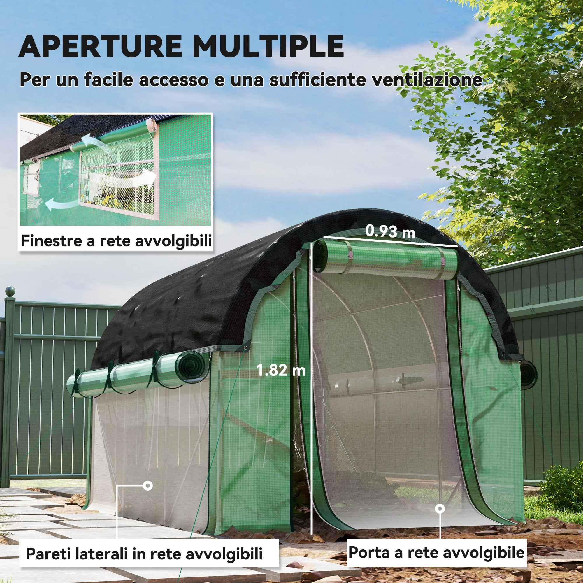 Outsunny 3x2 m Tunnel Greenhouse with Extra Shading Net, Windows and Zip Entrance, in PE and Steel, Green