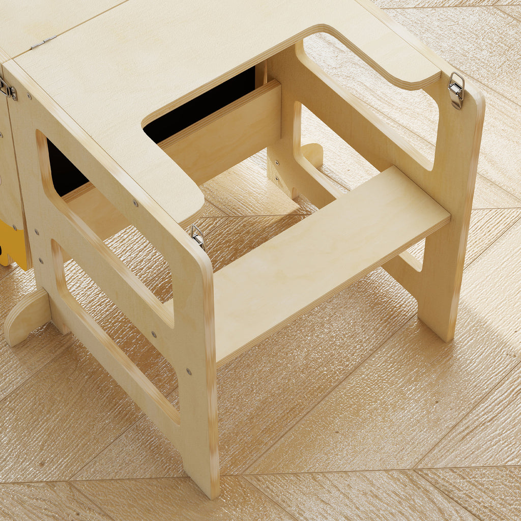 AIYAPLAY Montessori Tower for Children 2-5 Years with Blackboard and Table, Wooden, 57x39x93 cm, Wood Color