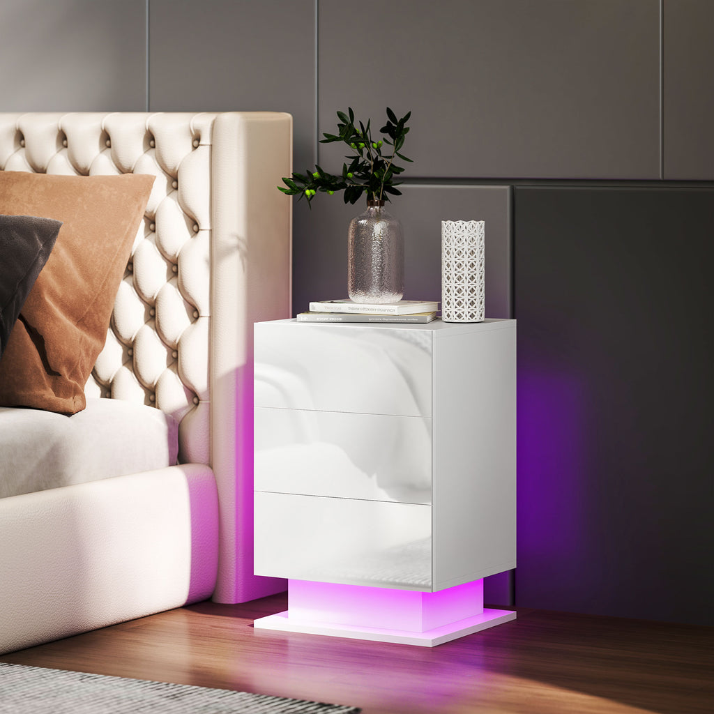 Modern Bedside Table with Adjustable LED Light with Remote Control and 3 Drawers, 40x35x60 cm, Glossy White