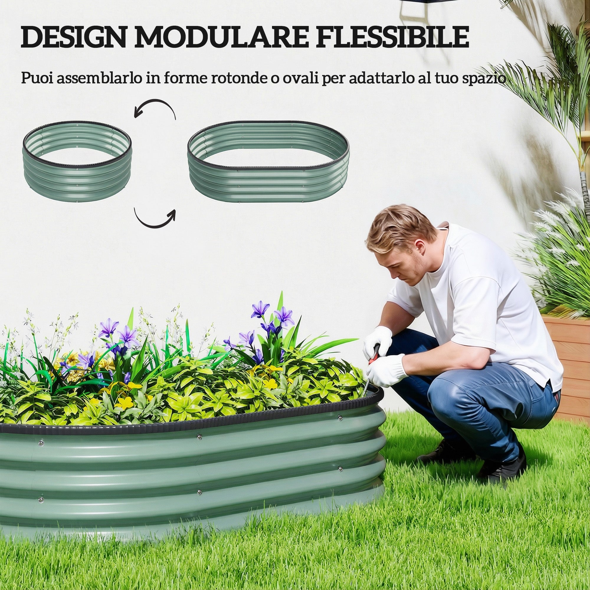 Outsunny Set of 2 Raised Garden Beds in Galvanized Metal with Rubber Edge and Modular Design, 135x90x30 cm Green