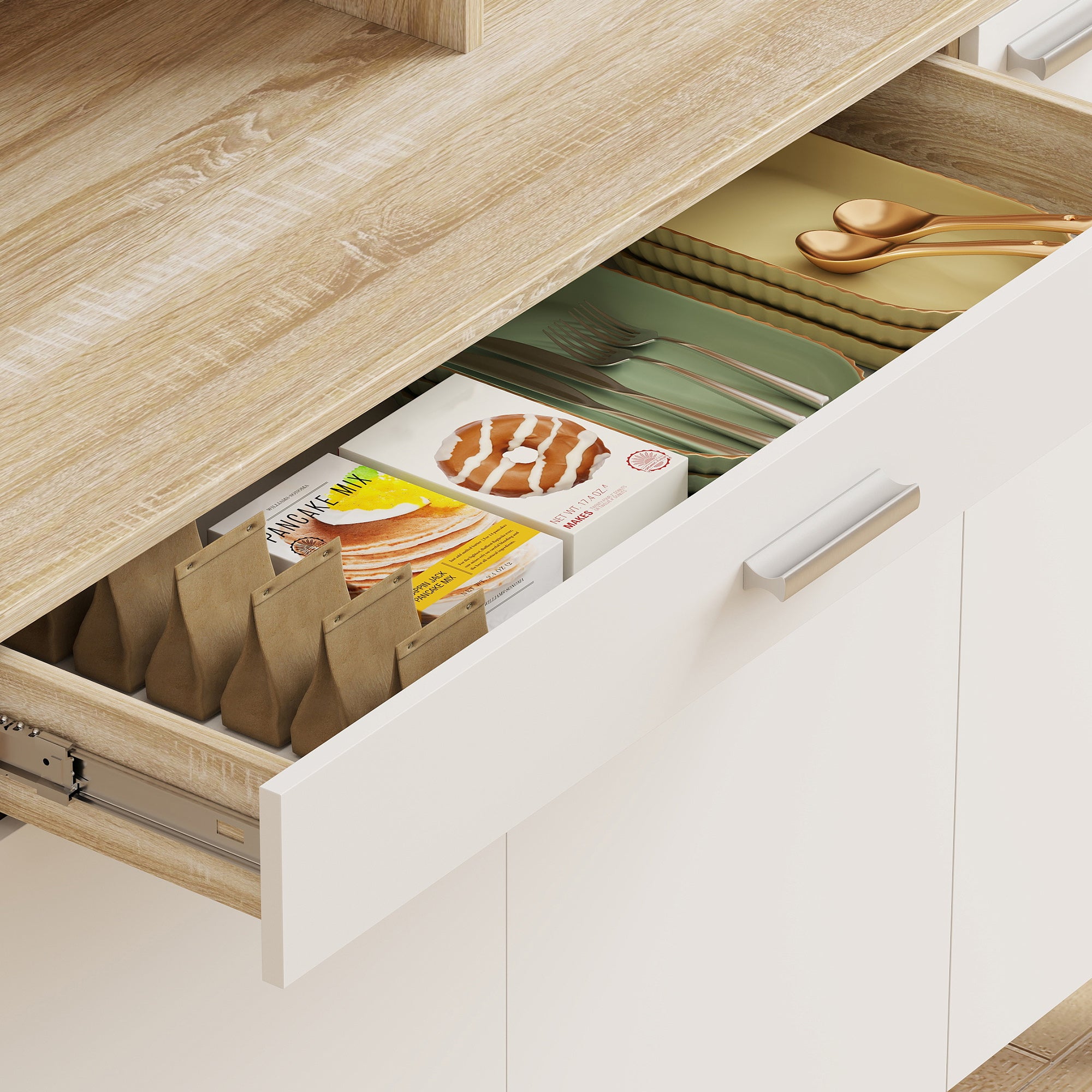 HOMCOM Kitchen Sideboard with Open Shelves, 4 Cabinets and Drawer, in Wood and Metal, 120x40x175 cm, White and Wood