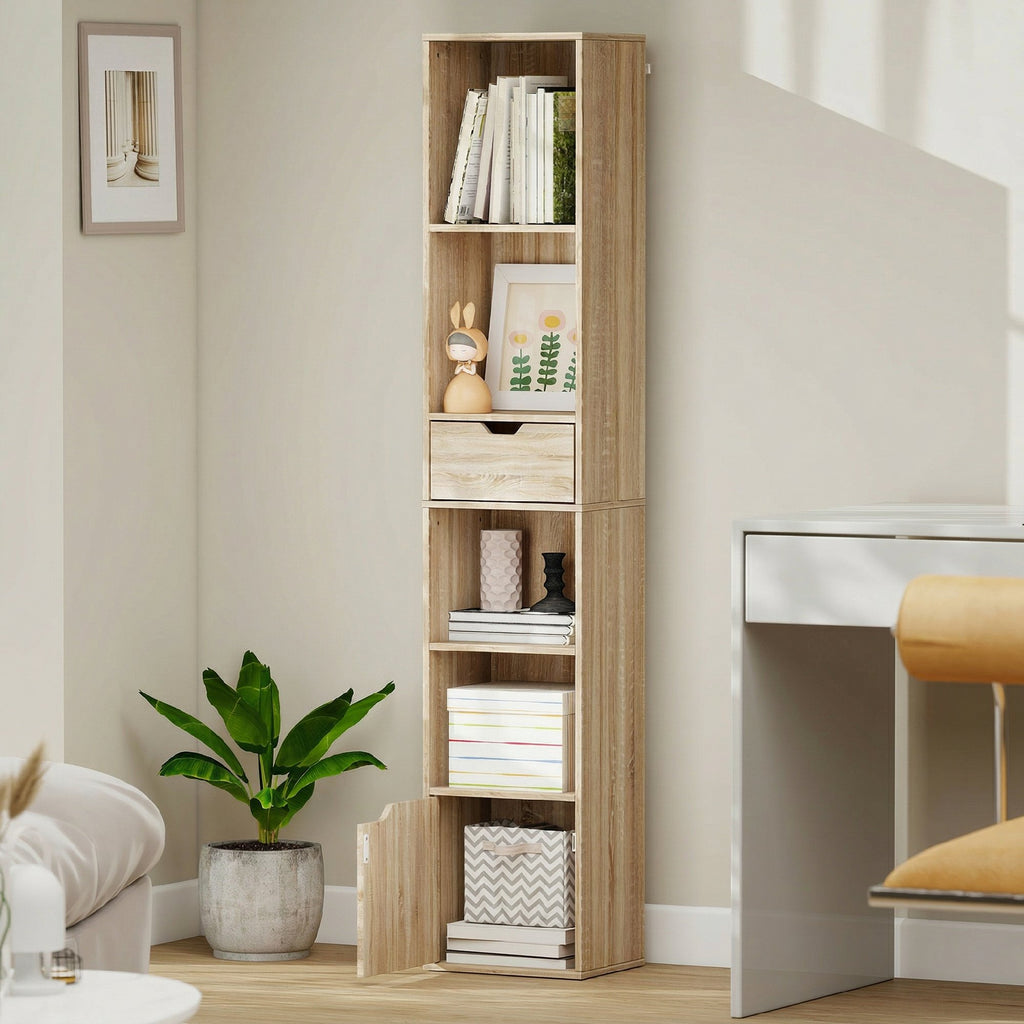HOMCOM 4-Tier Open Bookshelf with Cabinet and Drawer, 30x24x158 cm, Wood Color