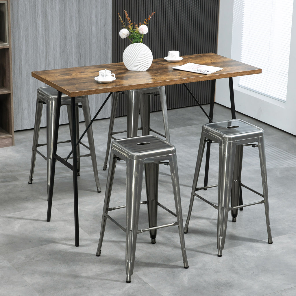 HOMCOM Set of 4 Stackable Bar Stools with Footrest, Industrial Style, Steel, for Dining Room, Silver