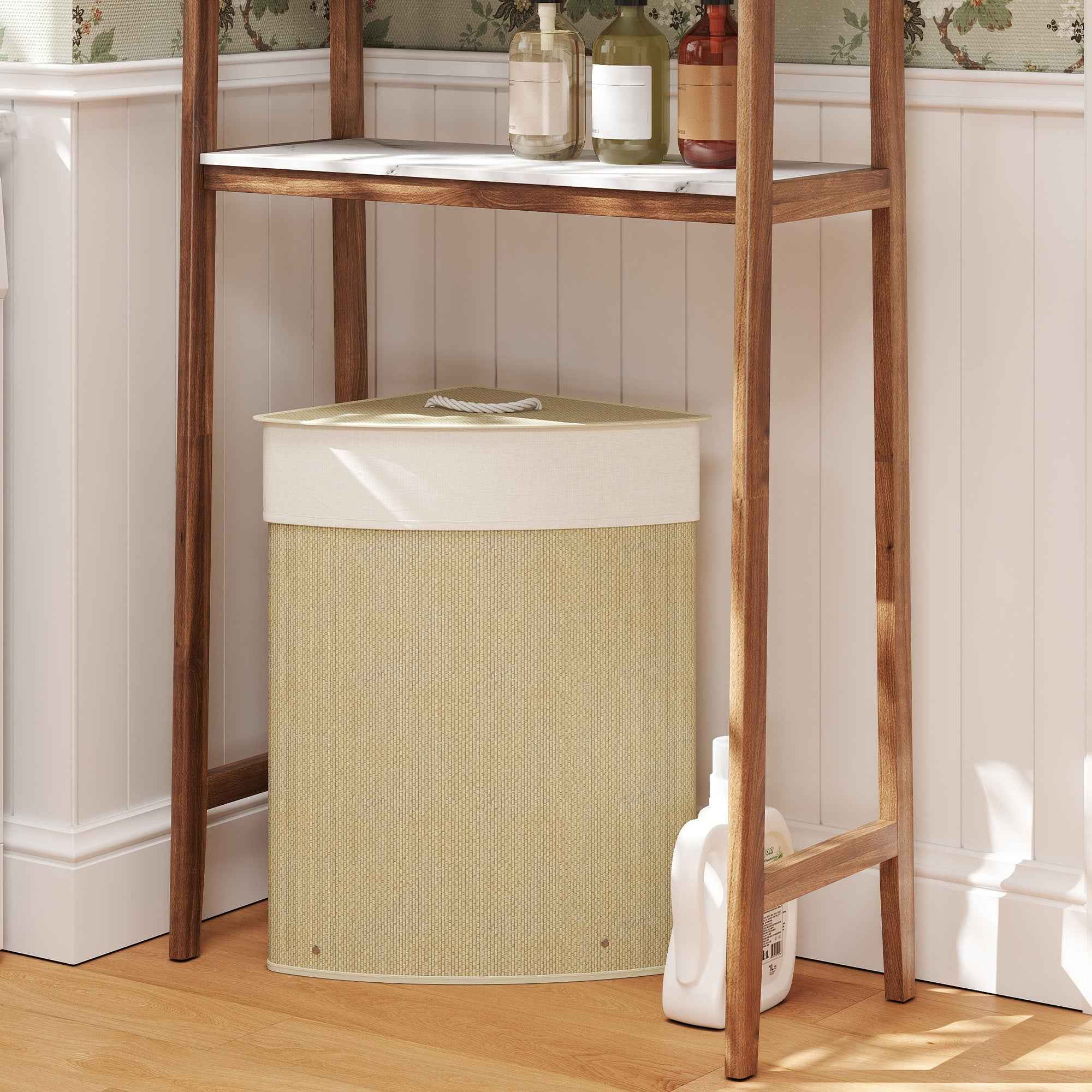HOMCOM 55L Corner Laundry Hamper with Removable Bag and Removable Lid, Bamboo, 35x35x60 cm, Wood Color