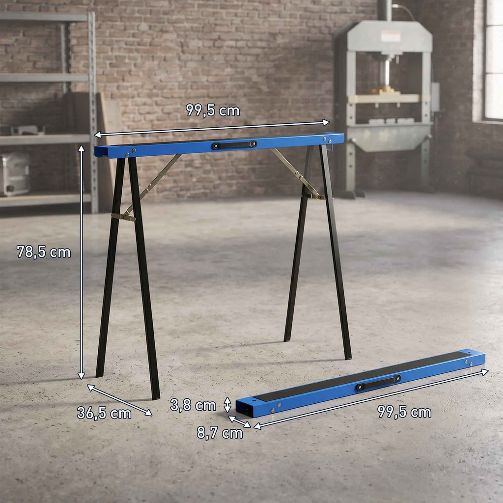 HOMCOM Set of 2 Folding Sawhorses with Non-Slip EVA Surface for Sawing, Blue and Black