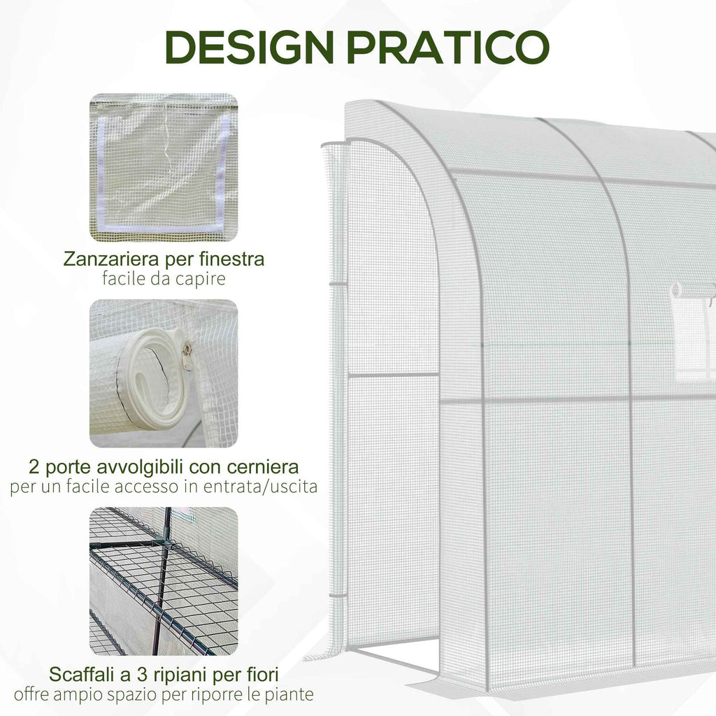 Outsunny 3-Tier Lean-To Greenhouse with Roll-Up Doors and Windows, PE and Steel, 200x100x215 cm, Green and White