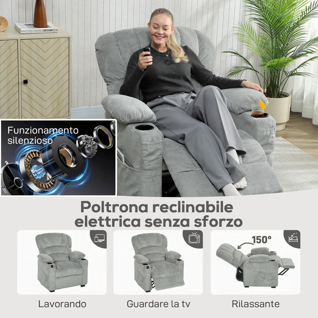 HOMCOM 150° Electric Reclining Relax Chair with Footrest, Wide Seat, Quiet, Velvet, Grey