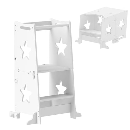 Montessori Ladder Convertible to Table and Chair Set with Safety Bar, Wooden, 60x44.5x86 cm, White