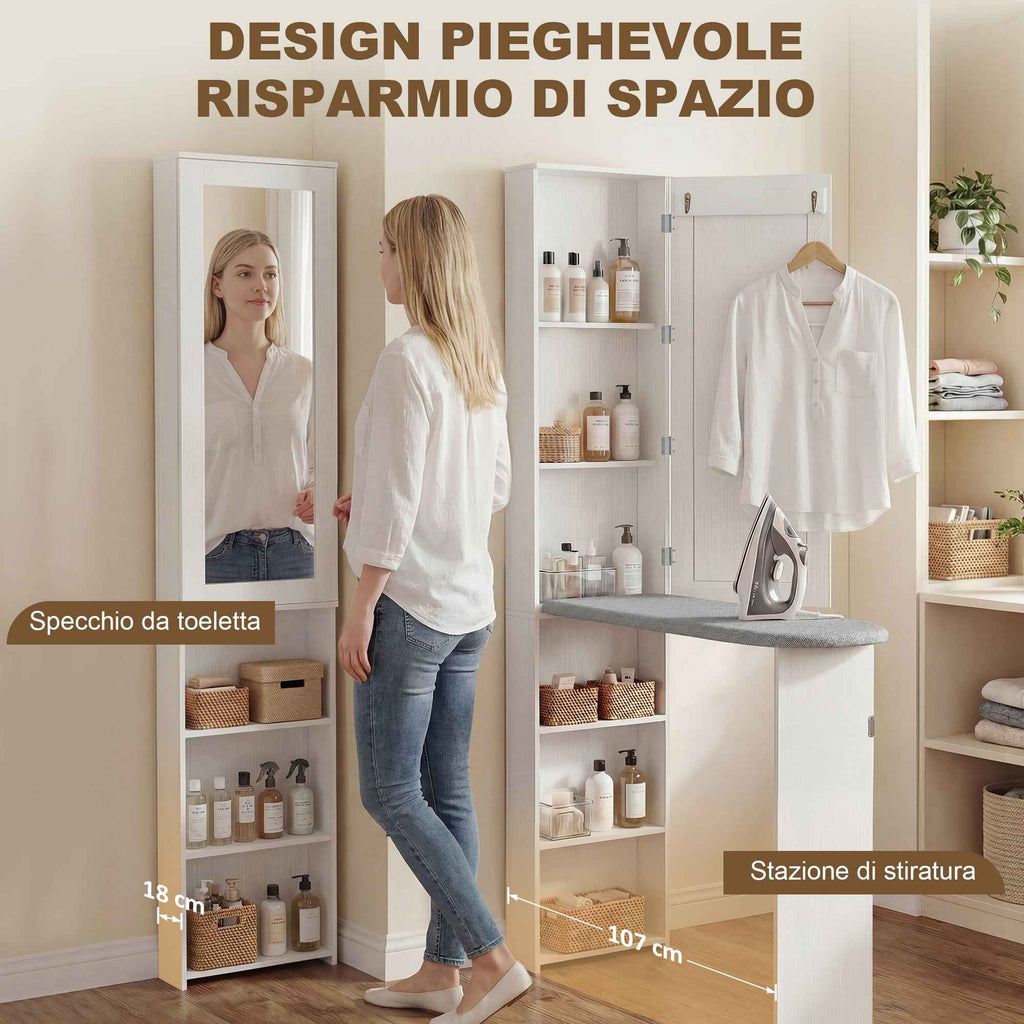 HOMCOM 6-Tier Folding Ironing Board with Mirror and 2 Hooks, Made of Wood and Polyester, 107x35x174 cm, White