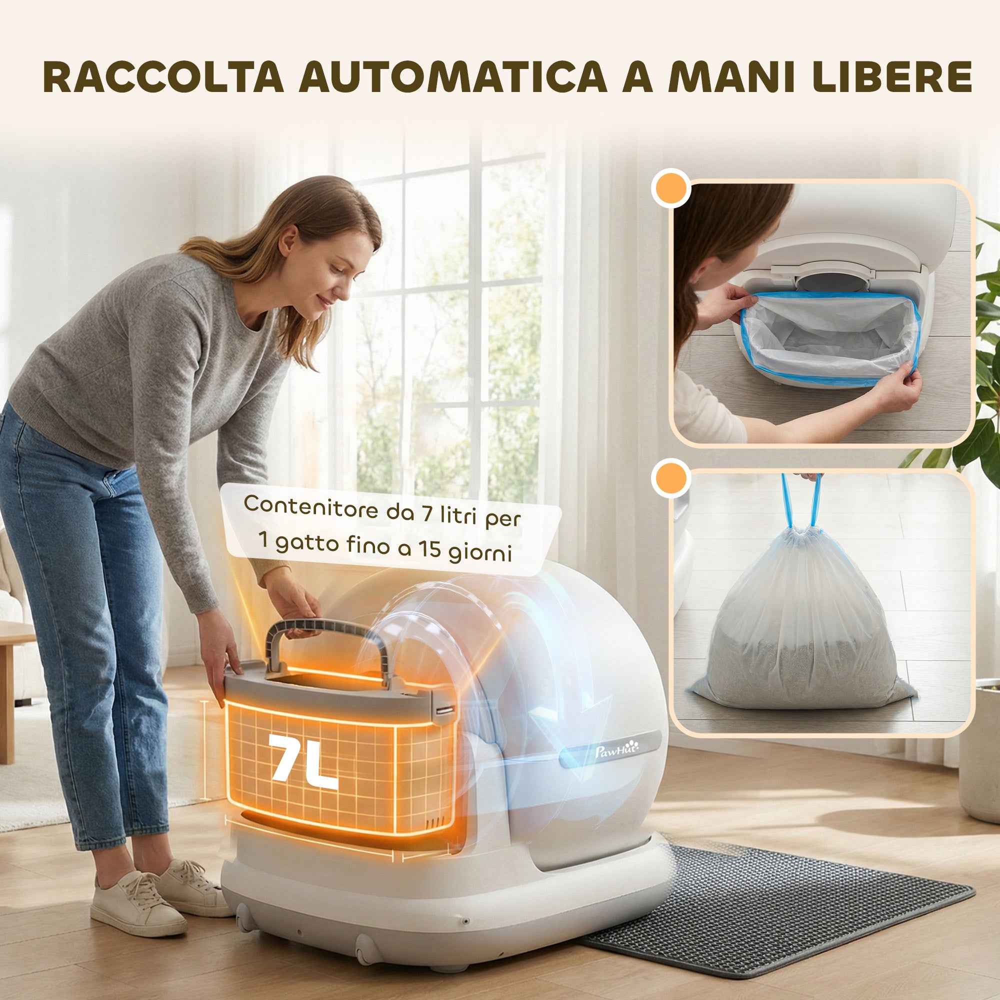 PawHut Self-Cleaning Litter Box with HD Camera, 7L Container and Sensors, in PP and ABS, 58.1x47.5x53 cm, White and Grey