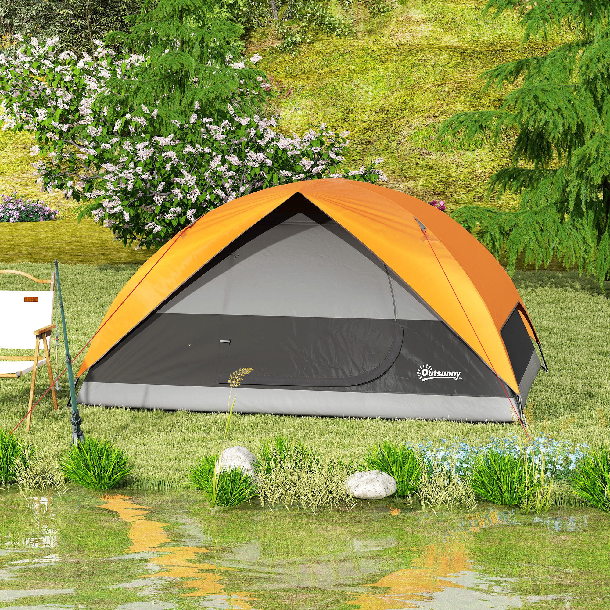 Waterproof 3-Person Camping Tent with Pockets, Lantern Hook and Carry Bag, Orange